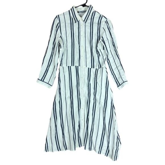 Zara Womens Dress Cream Blue Striped Collared Button Down Long Sleeve Small - Picture 1 of 11